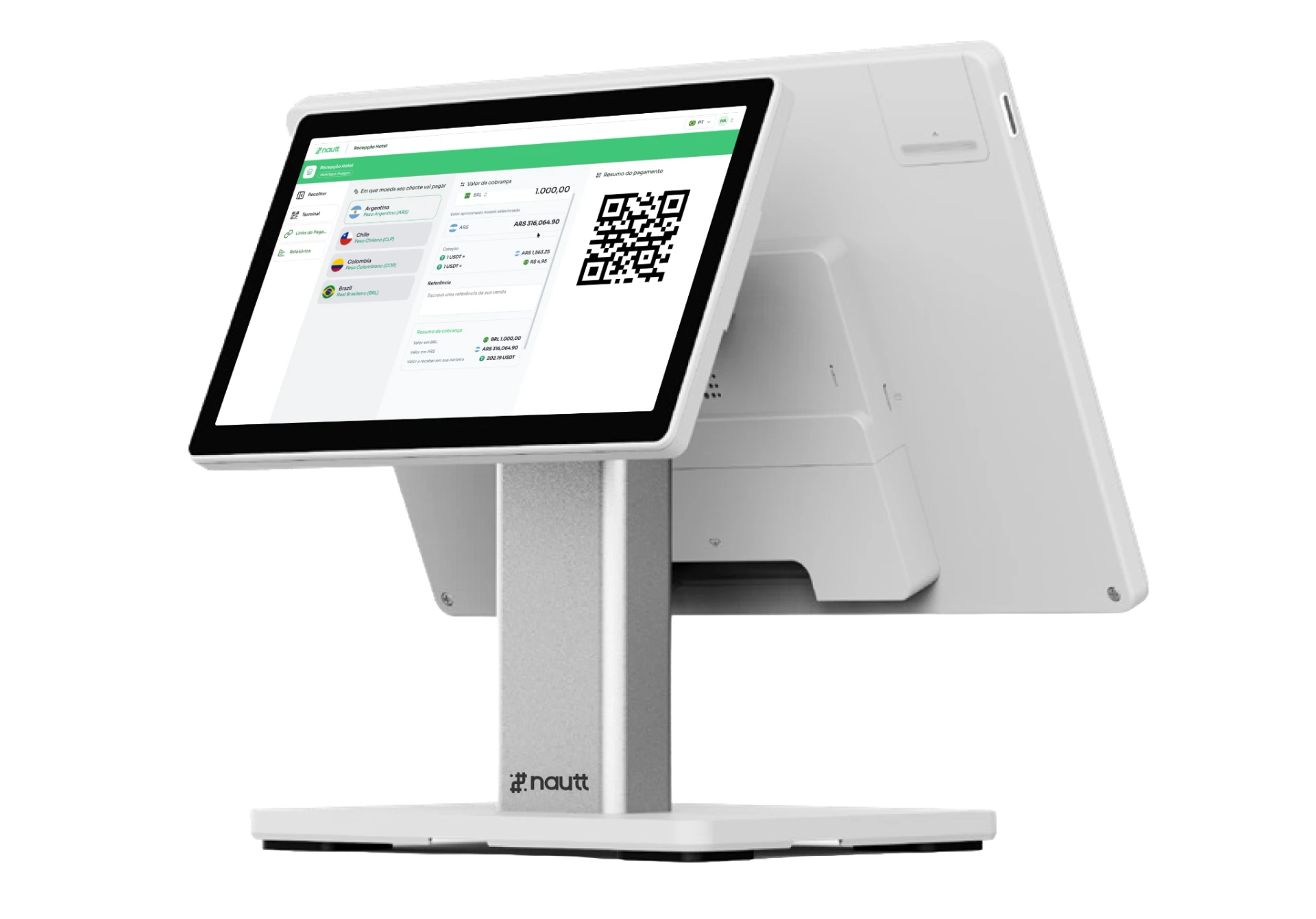 Terminal Nautt de duas telas exibindo a interface de cobrança e um QR Code