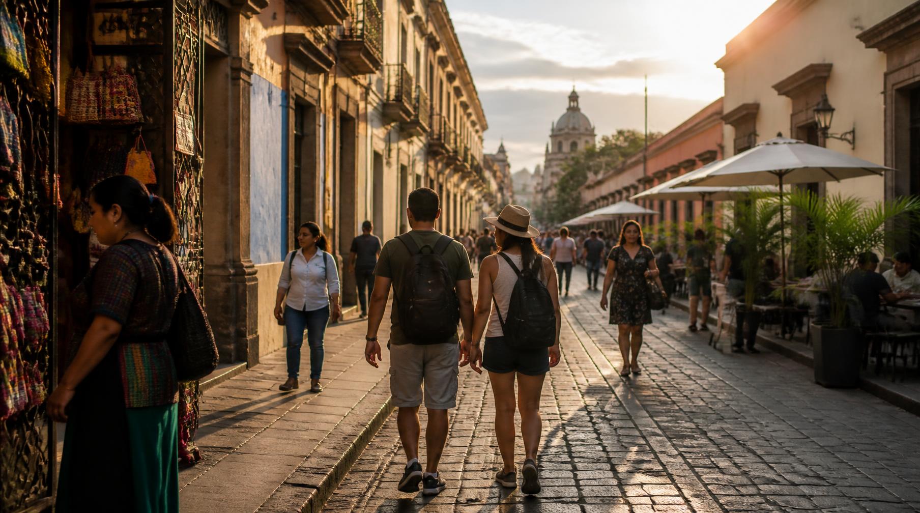 Turistas caminhando por uma rua histórica com lojas e cafés